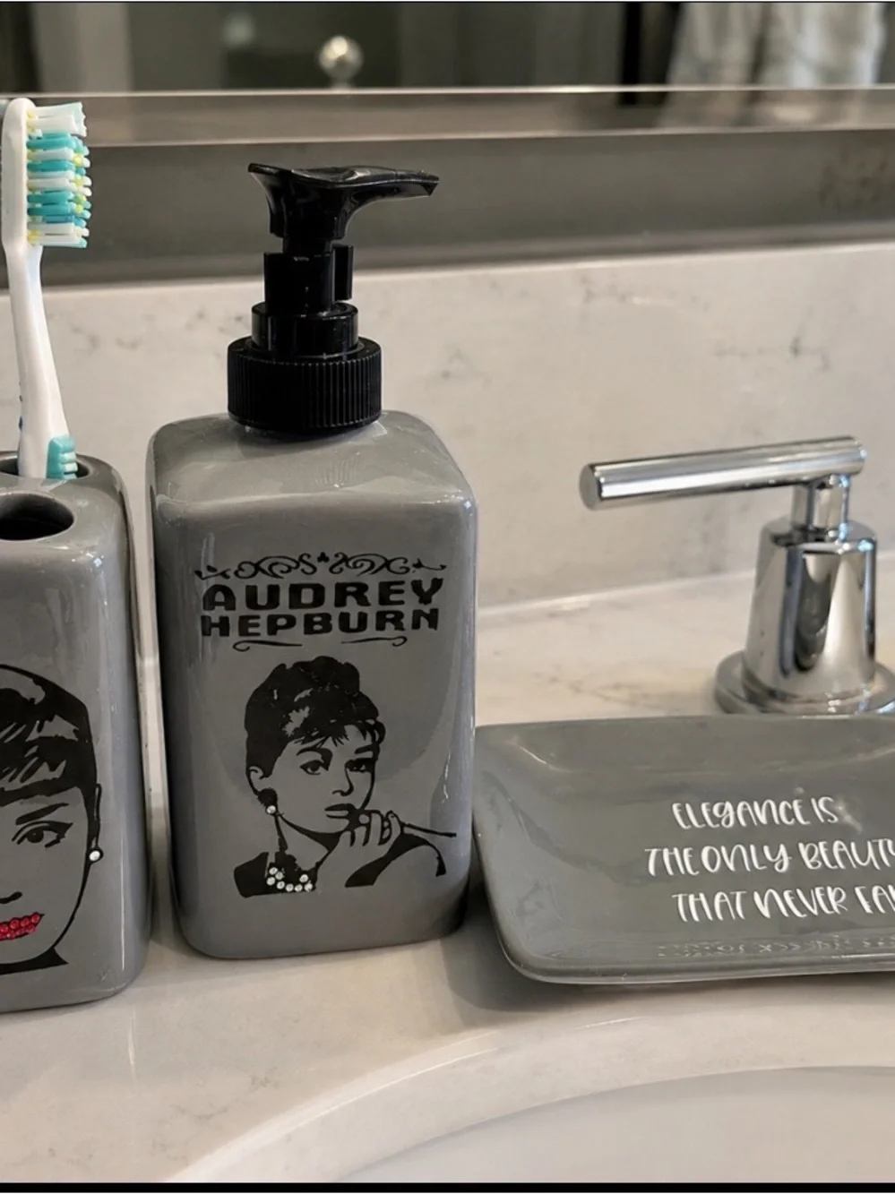 Audrey Hepburn Gray Ceramic Soap Dispenser - Elegant Bathroom Accessory